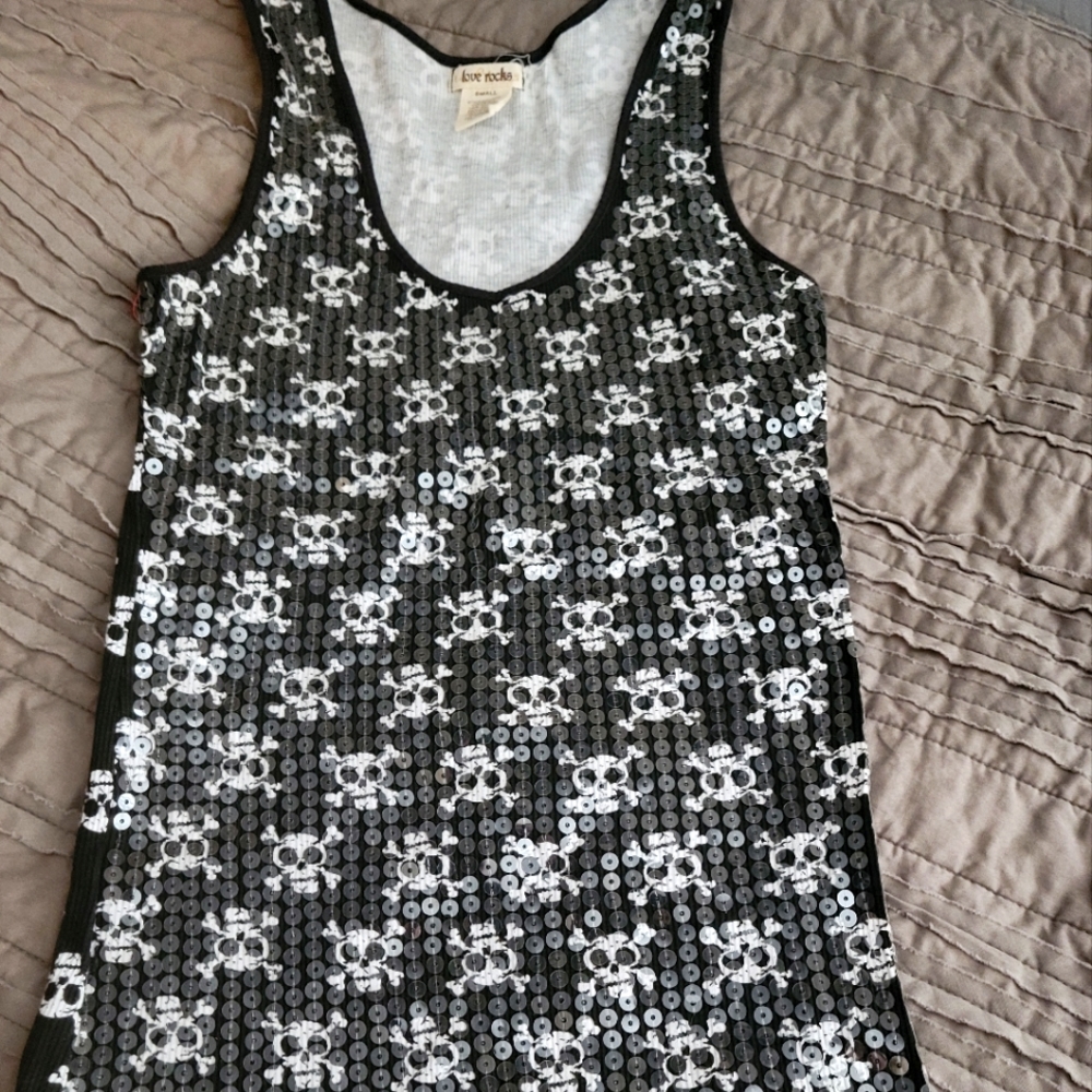 Love Rocks Brand skull tank top Size S. Clear sequence on front, jersey on back